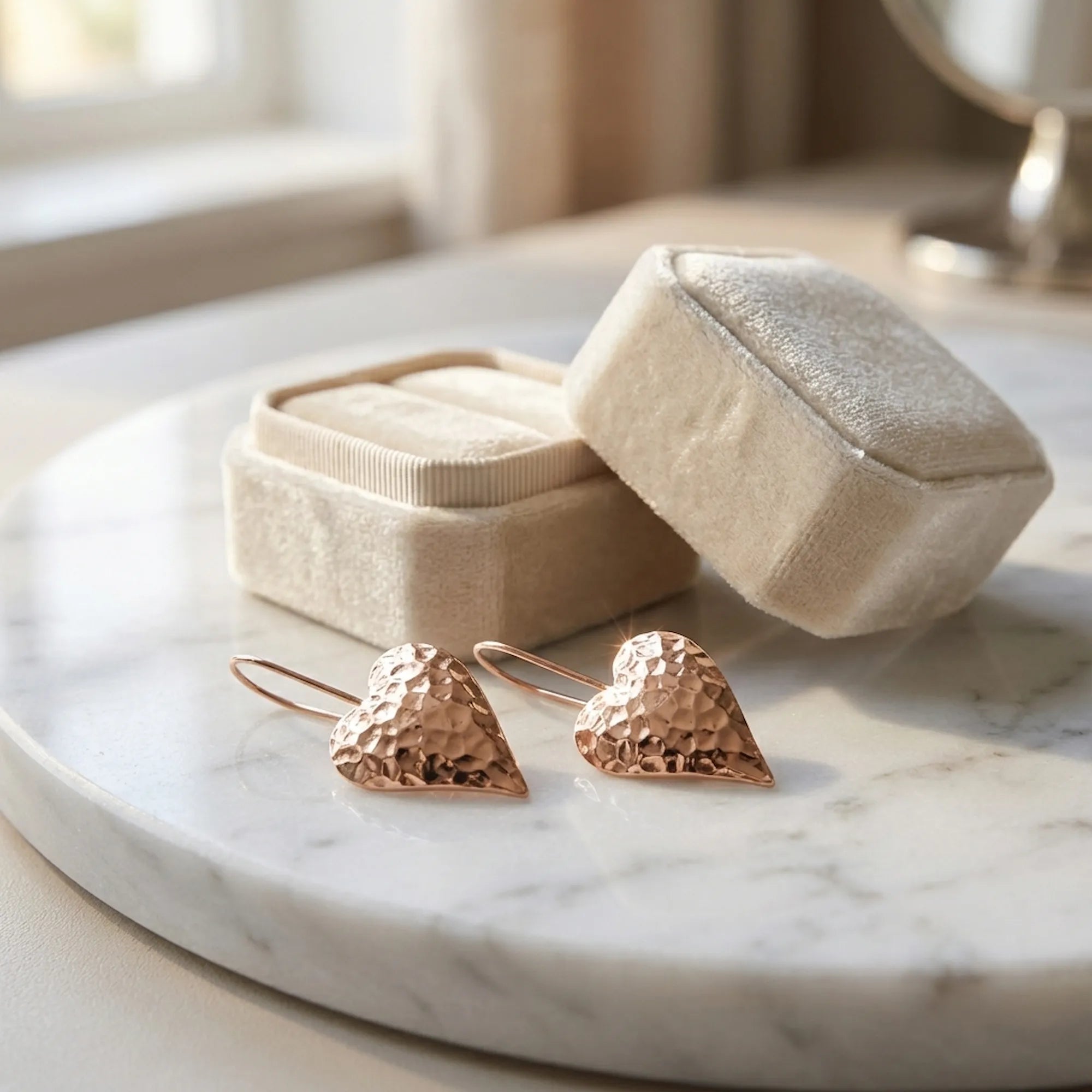 Hammered rose gold heart drop earrings beside cream velvet jewelry box on marble — romantic gift earrings Dubai UAE