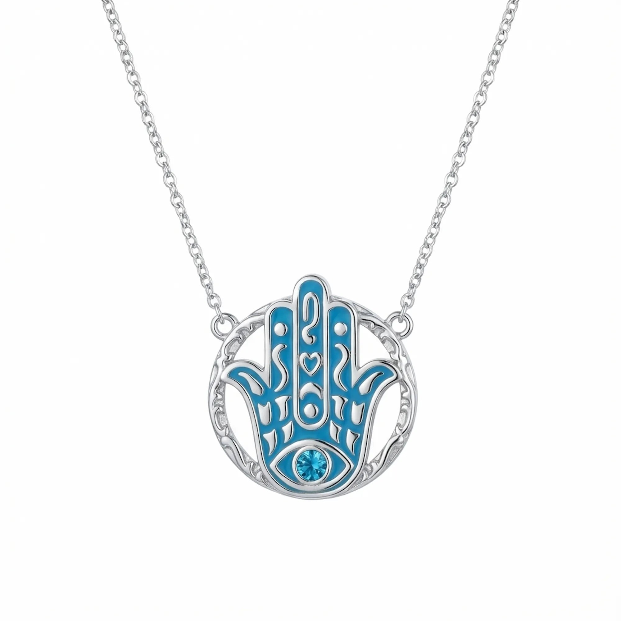 Hamsa hand pendant necklace in 925 sterling silver with powder blue enamel and a sky blue topaz eye, Luna Dura Dubai.
