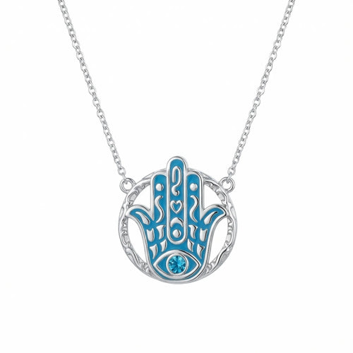 Hamsa hand pendant necklace in 925 sterling silver with powder blue enamel and a sky blue topaz eye, Luna Dura Dubai.