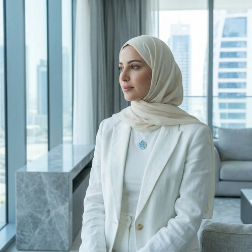 Woman in hijab wearing a Hamsa pendant necklace with the Dubai skyline behind, 925 silver and sky blue topaz, Luna Dura.