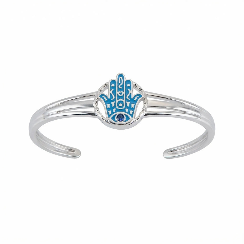 Azure blue enamel Hamsa hand cuff bangle in 925 sterling silver with tanzanite eye, white background