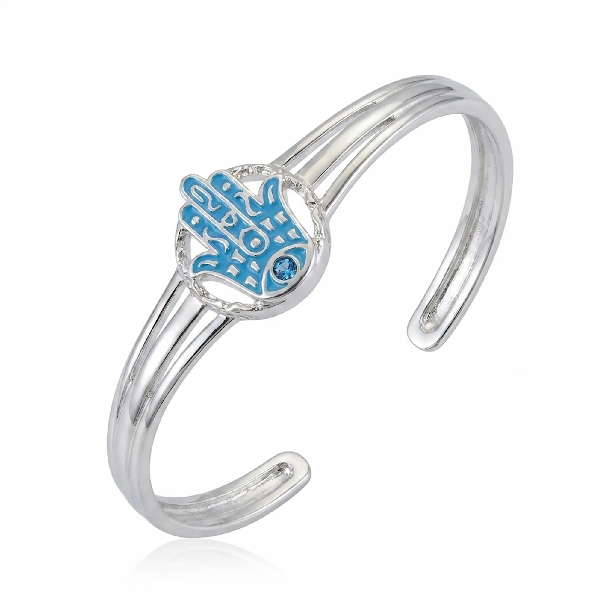 Powder blue enamel Hamsa hand cuff bangle in 925 sterling silver with sky blue topaz eye, white background