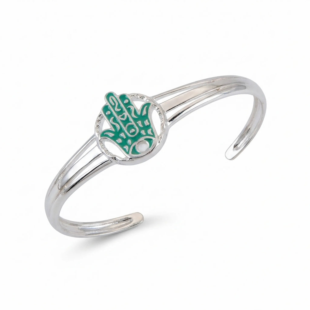 Teal enamel Hamsa hand cuff bangle in 925 sterling silver with genuine opal centre, white background