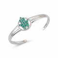 Teal enamel Hamsa hand cuff bangle in 925 sterling silver with genuine opal centre, white background