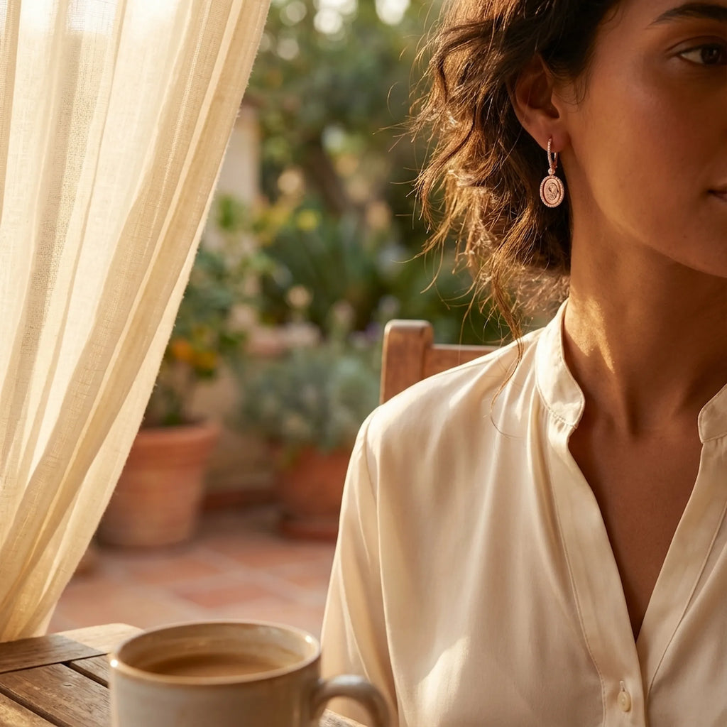 Woman wearing Hamsa rose gold drop earrings in warm afternoon light — protective Hand of Fatima jewelry Dubai