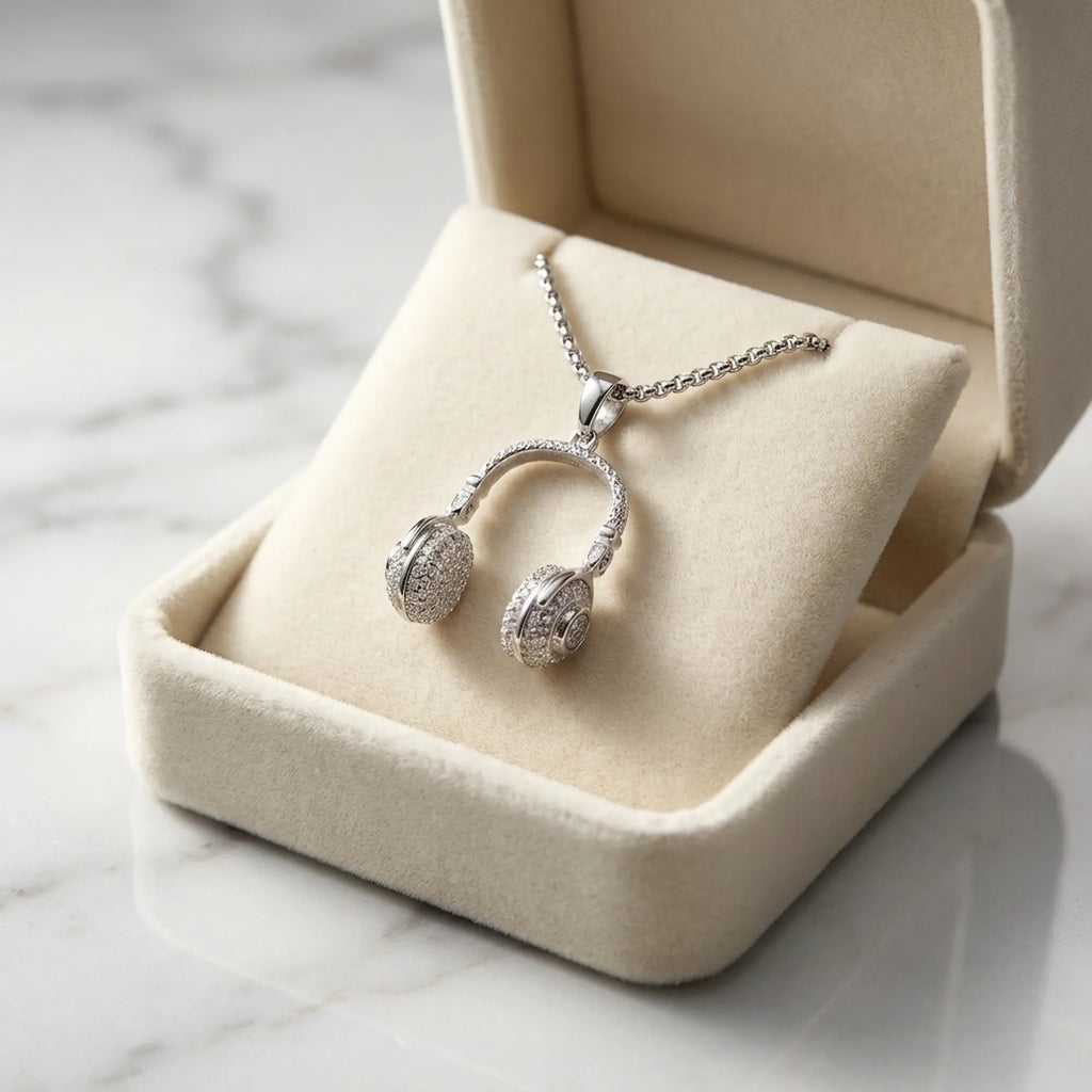 Silver CZ headphone pendant necklace displayed in open Luna Dura cream velvet gift box on white marble surface