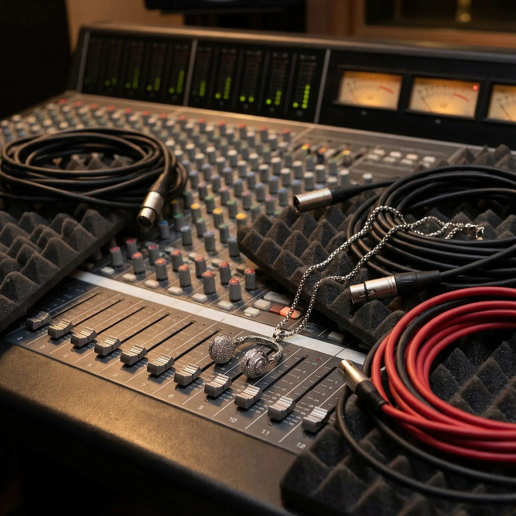 CZ headphone pendant necklace on thick silver chain placed on professional recording console with XLR cables and faders UAE