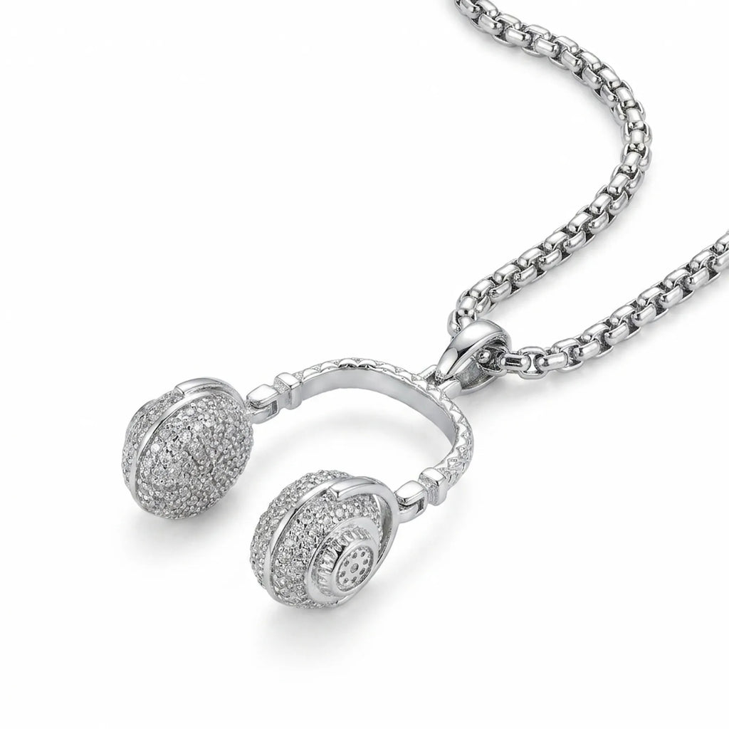 DJ headphone pendant necklace in 925 sterling silver with full CZ pave on earcups, shown on thick box chain, white background