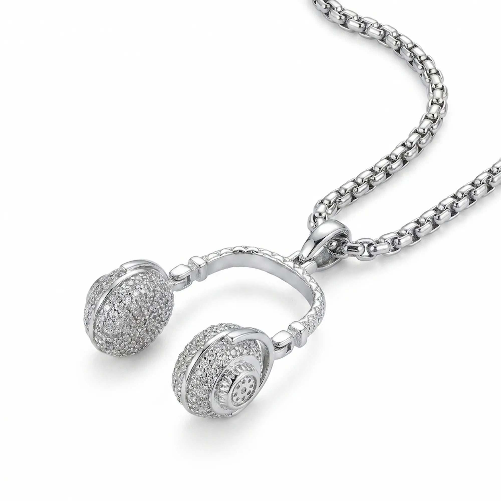 DJ headphone pendant necklace in 925 sterling silver with full CZ pave on earcups, shown on thick box chain, white background