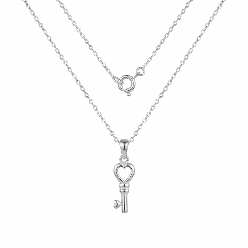 Heart key pendant necklace in polished 925 sterling silver — full 40cm cable chain and spring ring clasp on white background