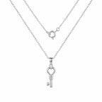 Heart key pendant necklace in polished 925 sterling silver — full 40cm cable chain and spring ring clasp on white background