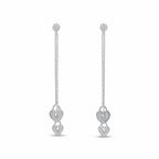 Heart lock drop earrings showing both configurations — full double lock 80mm drop left, single lock solo drop right, rhodium 925 silver dual wear