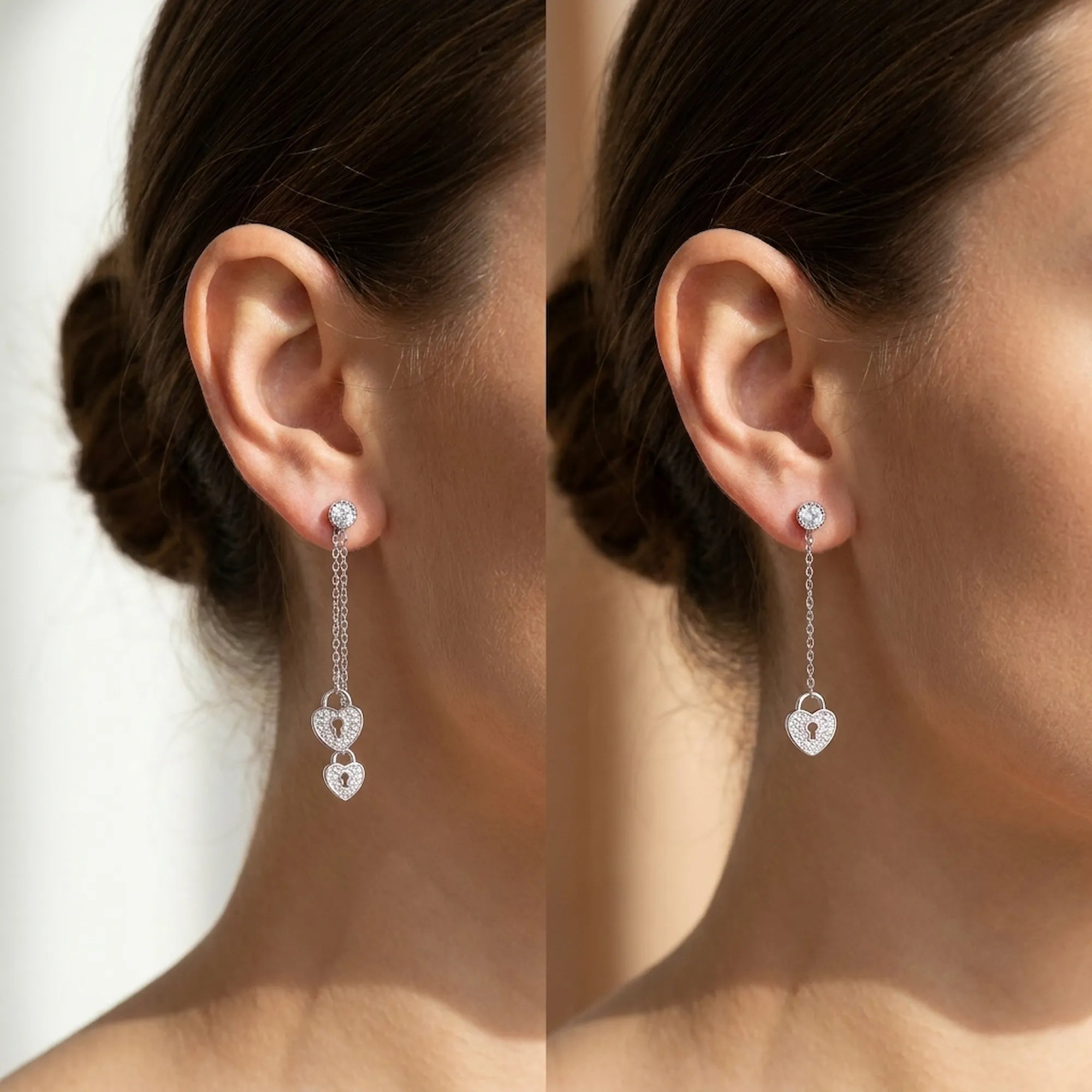 Heart lock pavé CZ drop earrings full pair on white background — double lock cascade 80mm, bezel CZ stud and rhodium silver chain
