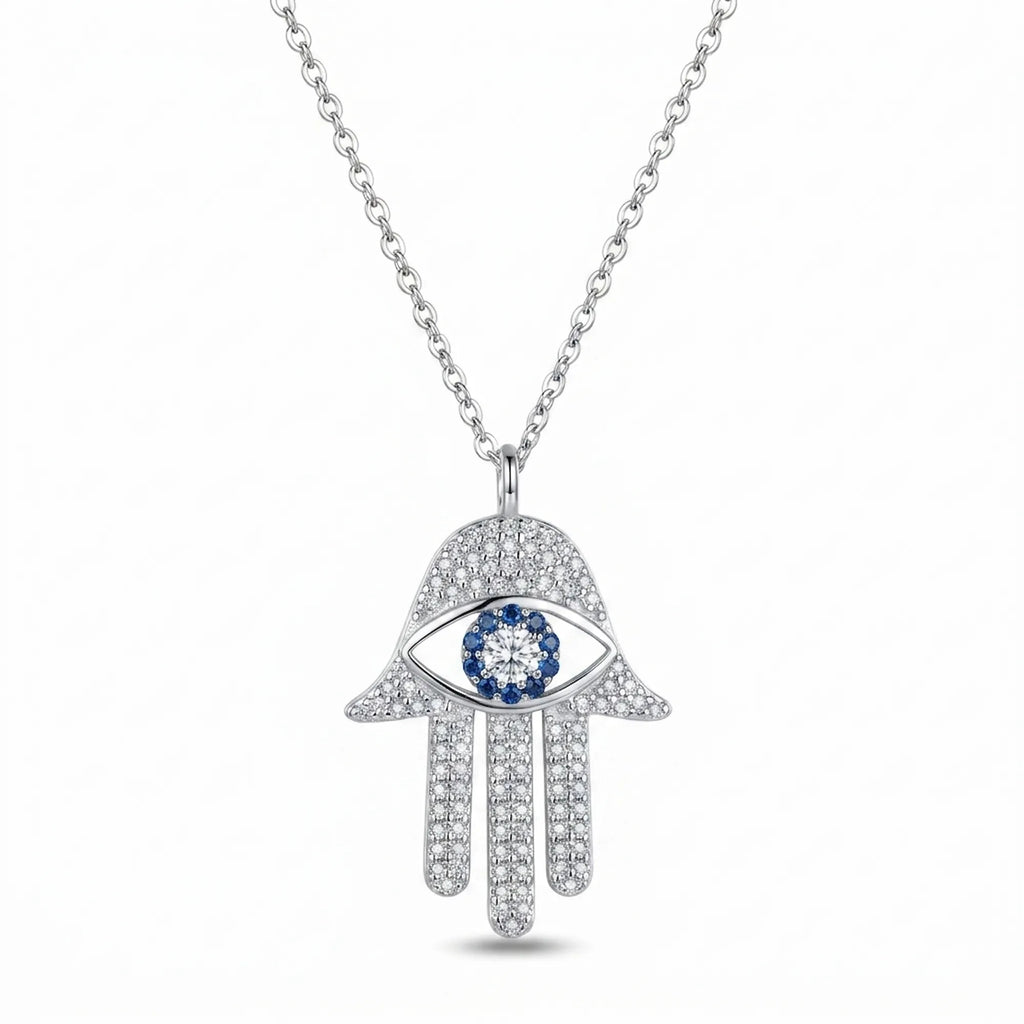 Silver hamsa pendant necklace with blue and white cubic stones on chain