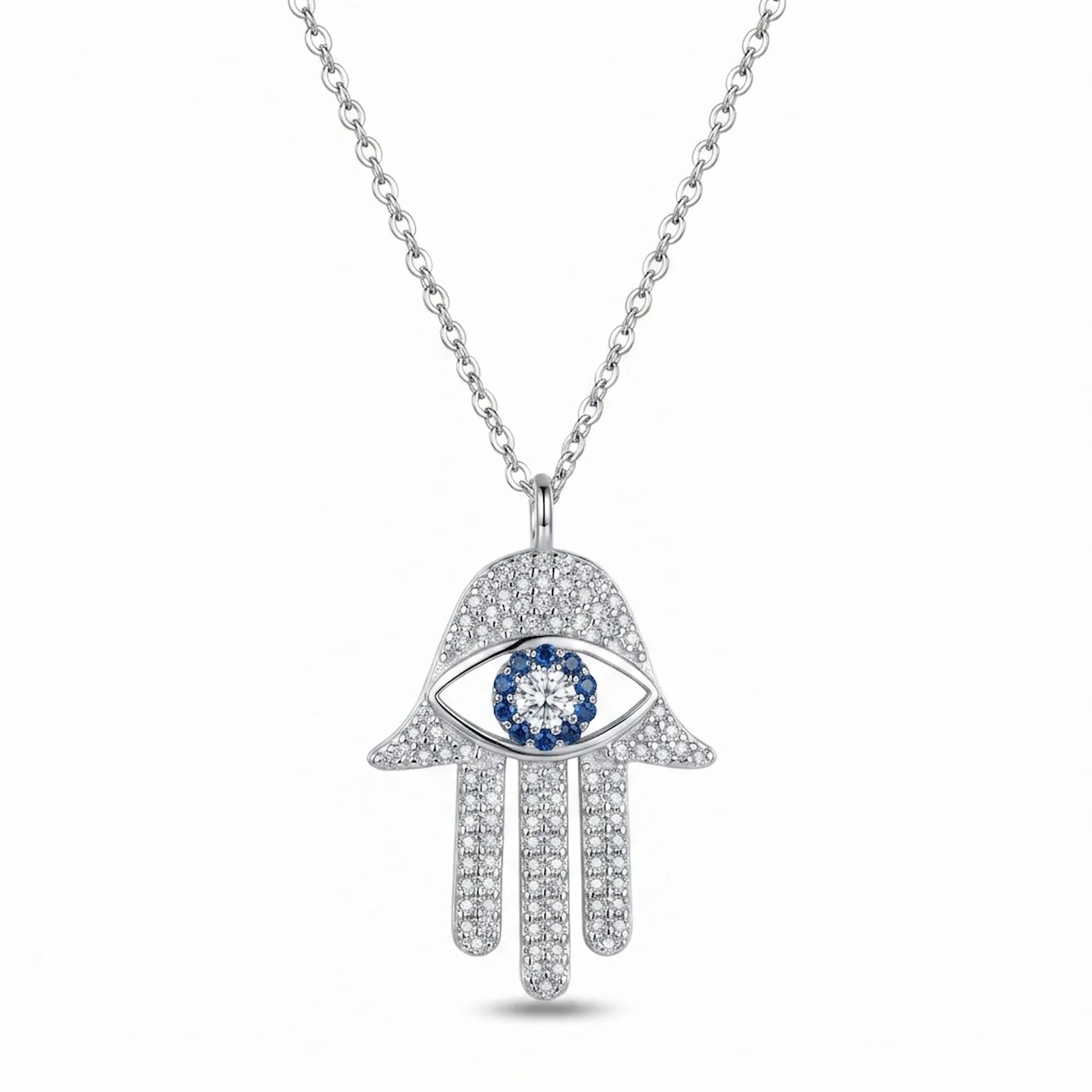 Silver hamsa pendant necklace with blue and white cubic stones on chain