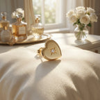 Gold puffed heart stud earring on cream linen — 18K gold plated 925 silver, north star CZ, editorial detail