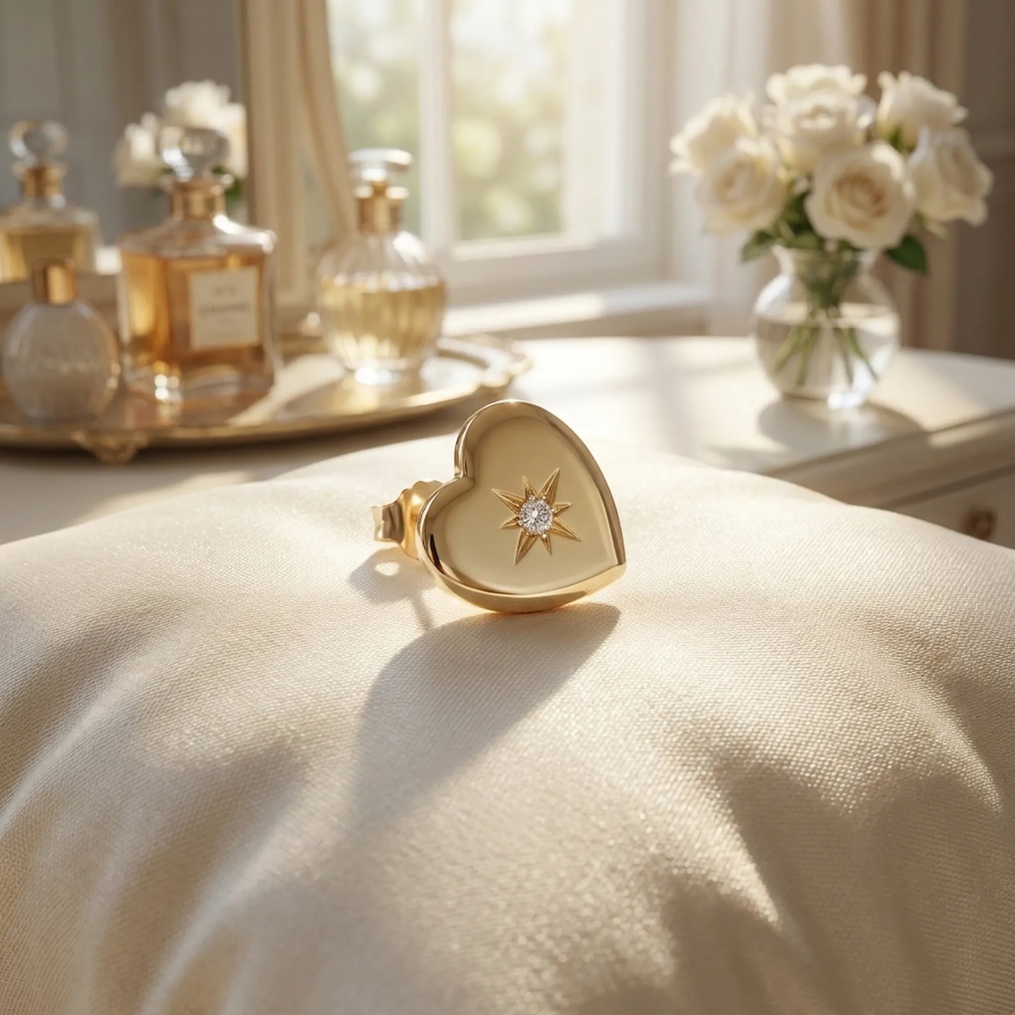 Gold puffed heart stud earring on cream linen — 18K gold plated 925 silver, north star CZ, editorial detail