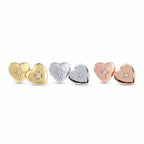 Hiam heart stud earrings in 18K gold, rhodium silver and rose gold — three pairs on white background, north star CZ, 925 sterling silver
