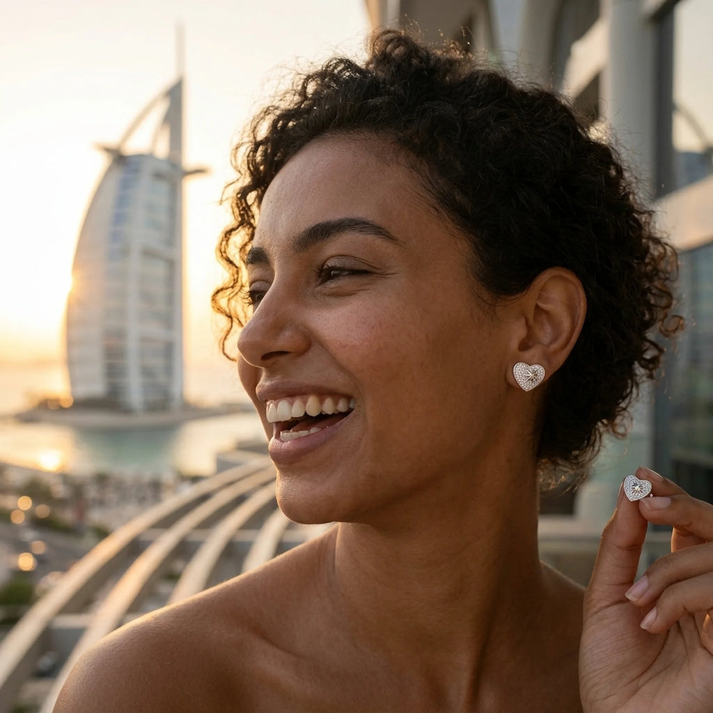 Smiling woman holding a rhodium 925 silver pavé heart earring with cubic zirconia in Dubai by Burj Al Arab.