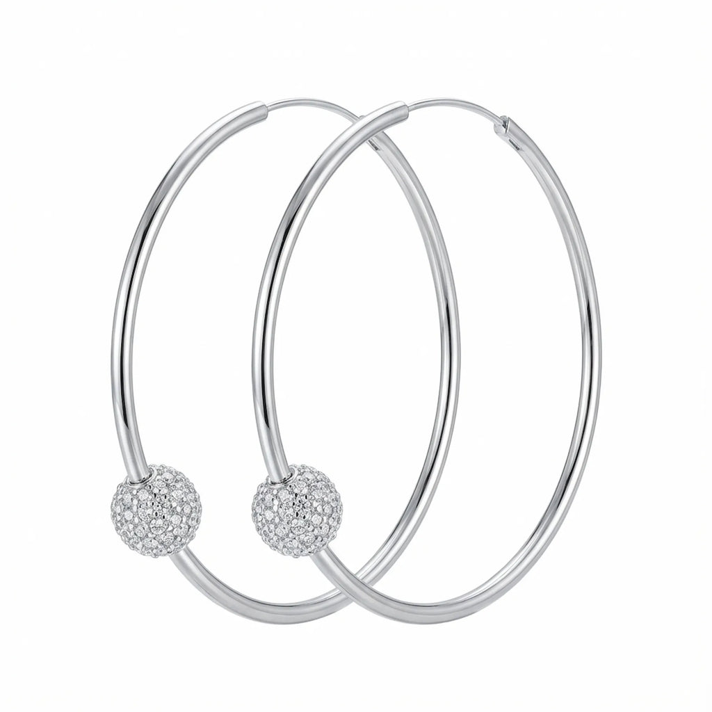 2-in-1 sterling silver hoop earrings with removable CZ pave sphere bead, pair on white background showing endless closure