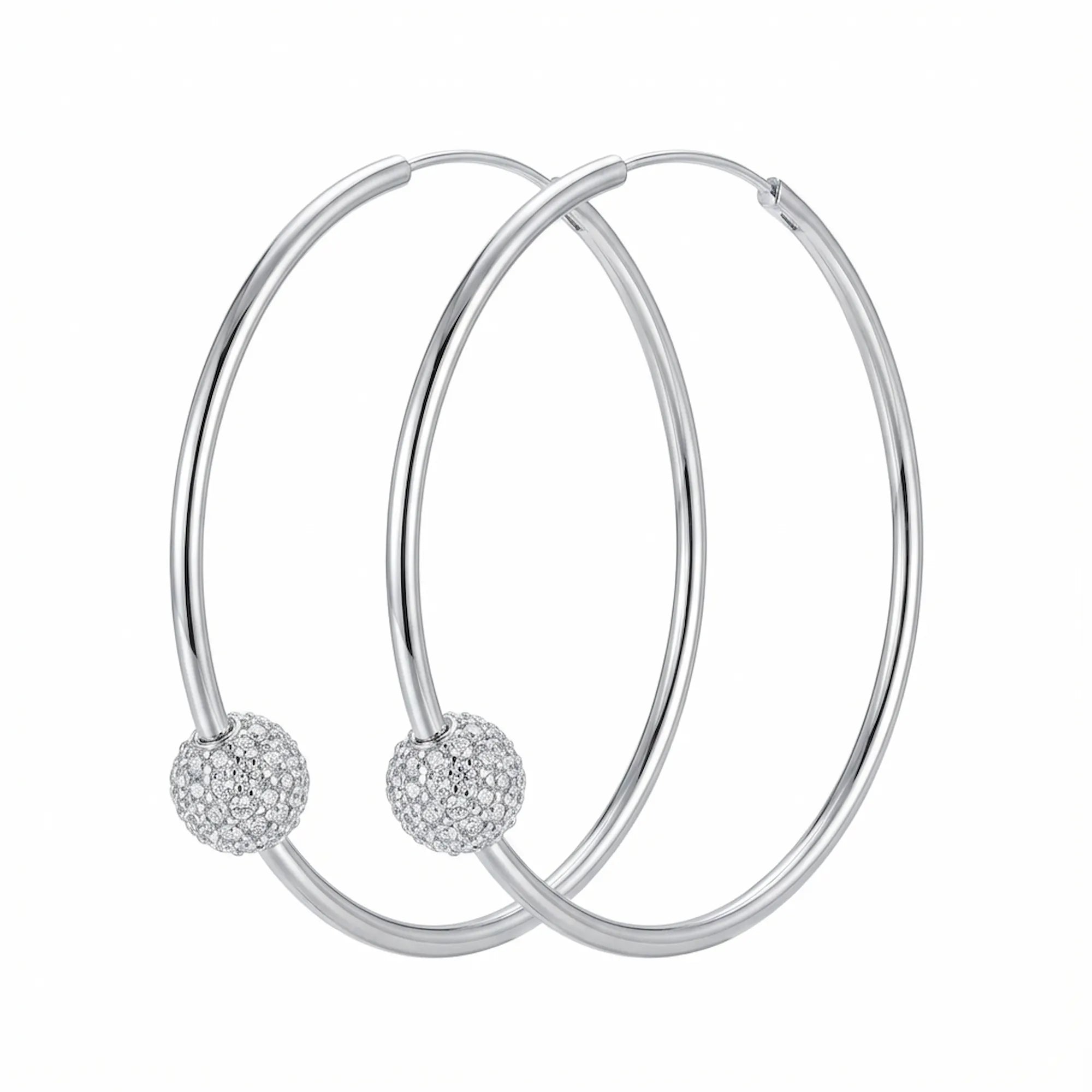 2-in-1 sterling silver hoop earrings with removable CZ pave sphere bead, pair on white background showing endless closure