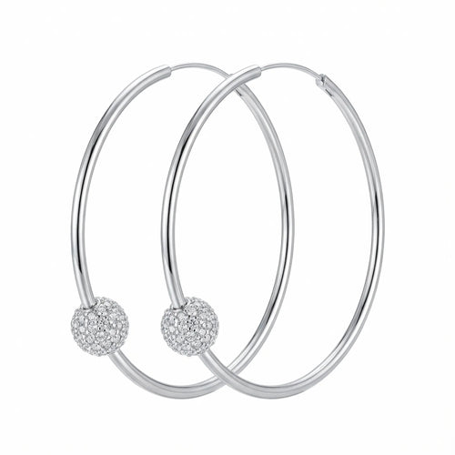 2-in-1 sterling silver hoop earrings with removable CZ pave sphere bead, pair on white background in Dubai.