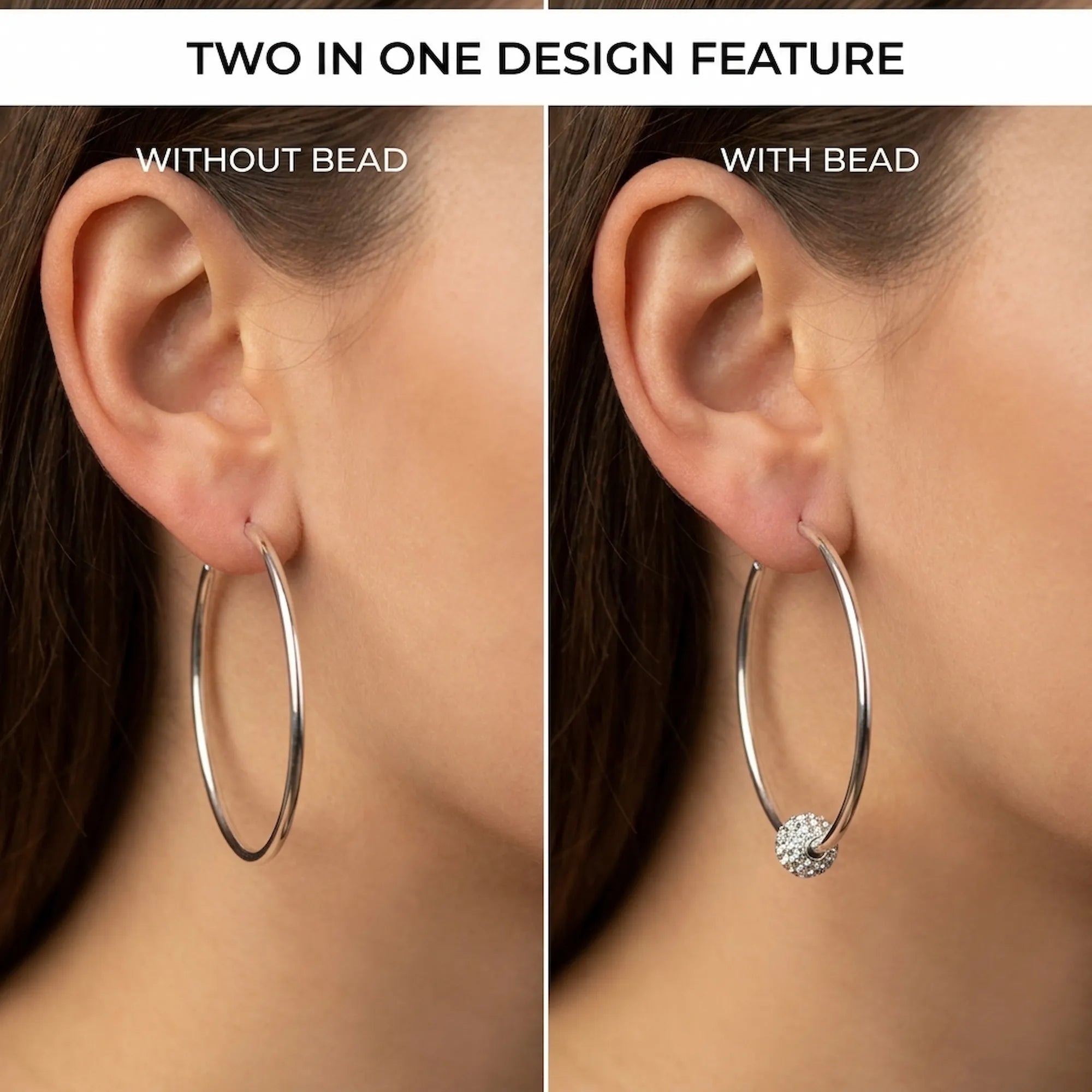 Side by side comparison of silver hoop earring worn without bead showing clean hoop and with CZ pave bead showing sparkle