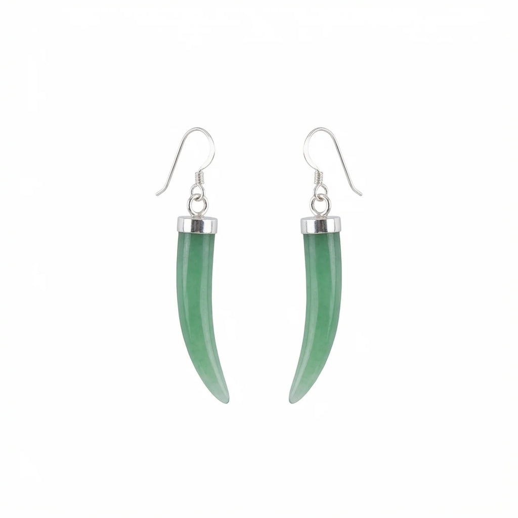 A pair of drop earrings featuring curved, translucent green aventurine gemstone with polished 925 silver metal caps and fishhook wires, shown against a plain white background in Dubai.