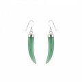 A pair of drop earrings featuring curved, translucent green aventurine gemstone with polished 925 silver metal caps and fishhook wires, shown against a plain white background in Dubai.