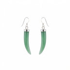 A pair of drop earrings featuring curved, translucent green aventurine gemstone with polished 925 silver metal caps and fishhook wires, shown against a plain white background in Dubai.