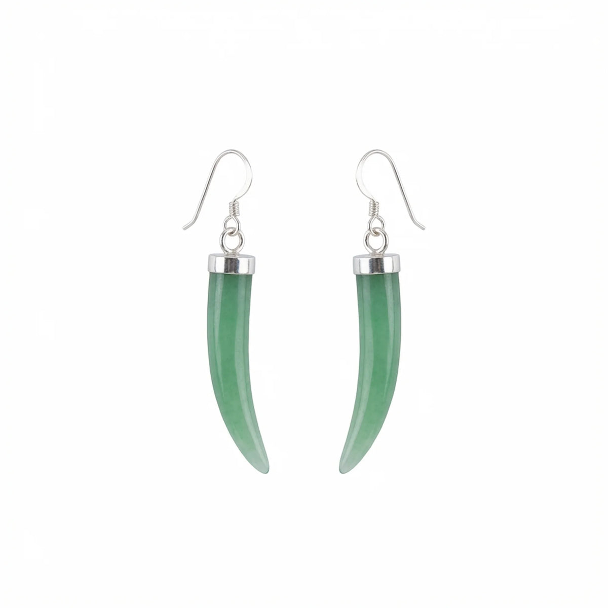 A pair of drop earrings featuring curved, translucent green aventurine gemstone with polished 925 silver metal caps and fishhook wires, shown against a plain white background in Dubai.