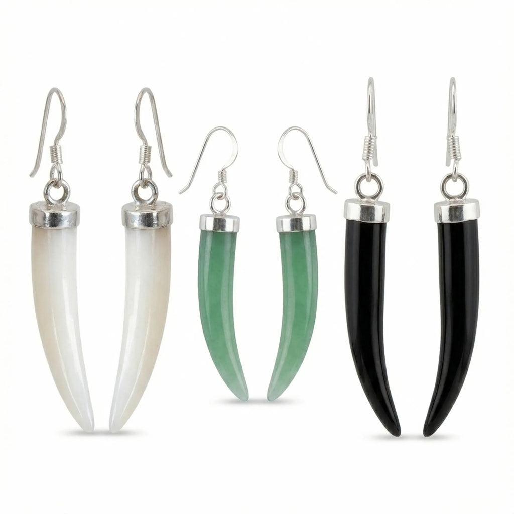 All three horn dangle earring variants on white — green aventurine, black onyx and mother of pearl in 925 silver