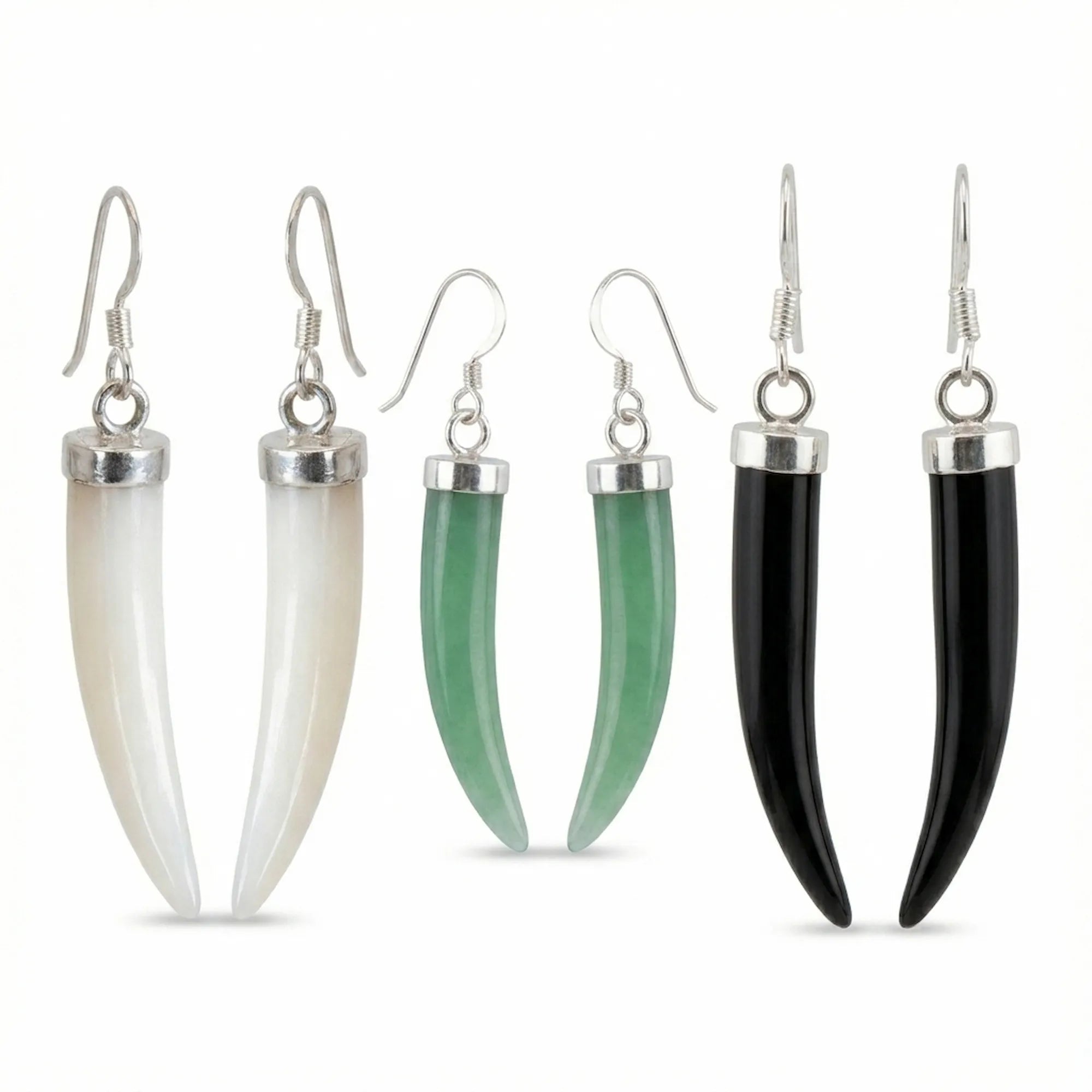 All three horn dangle earring variants on white — green aventurine, black onyx and mother of pearl in 925 silver