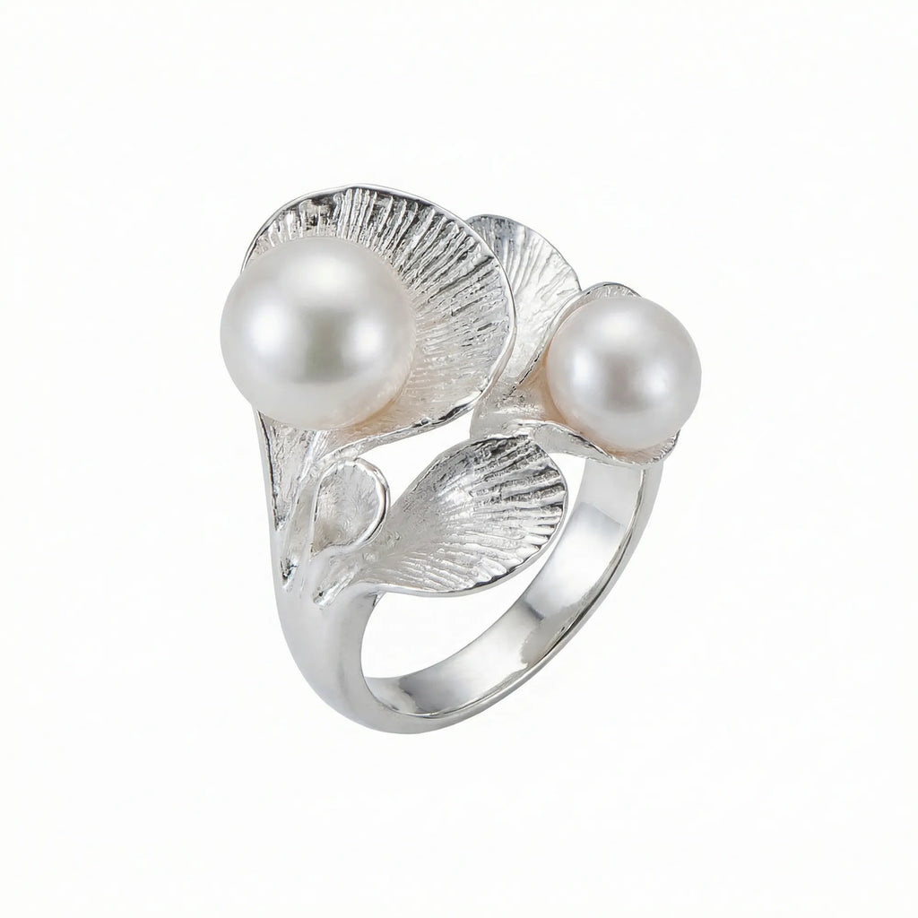 925 sterling silver hosta leaf ring with twin freshwater pearls, white background, Dubai