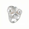 925 sterling silver hosta leaf ring with twin freshwater pearls, white background, Dubai