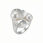 925 sterling silver hosta leaf ring with twin freshwater pearls, white background, Dubai