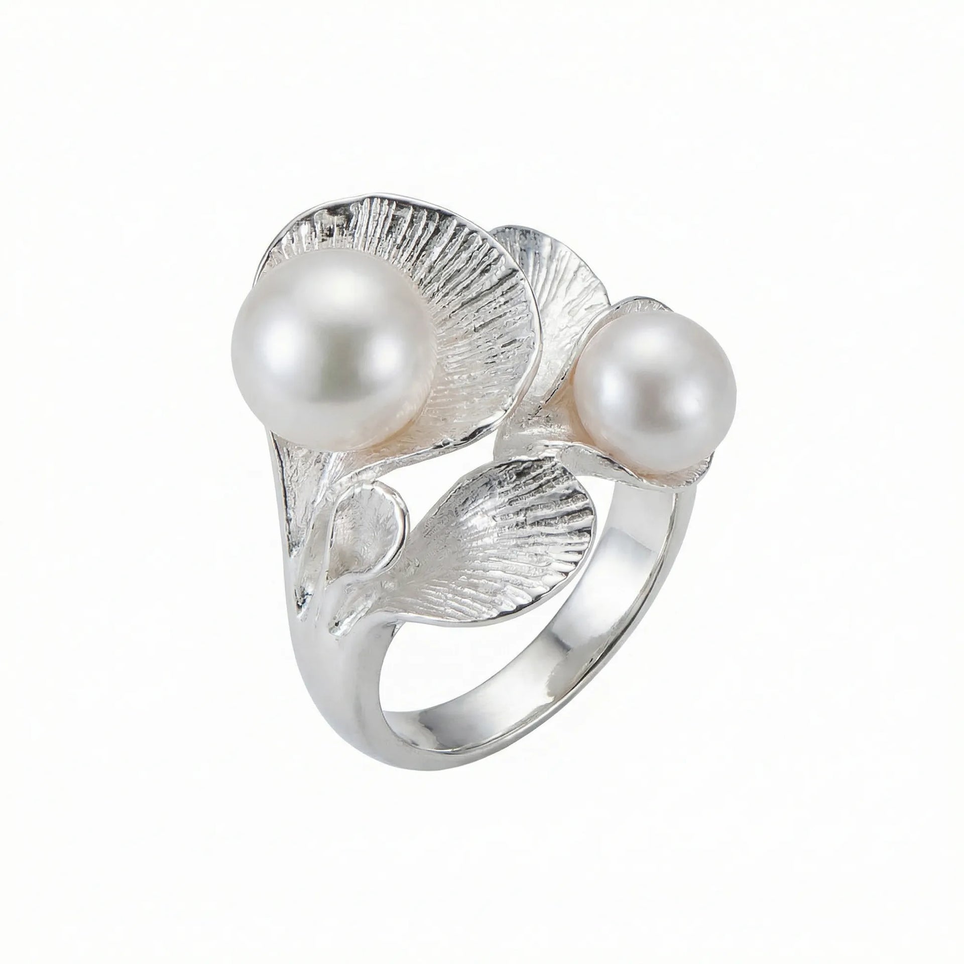 Hosta Leaf Twin Pearl Ring | 925 Silver Statement Ring | Luna Dura