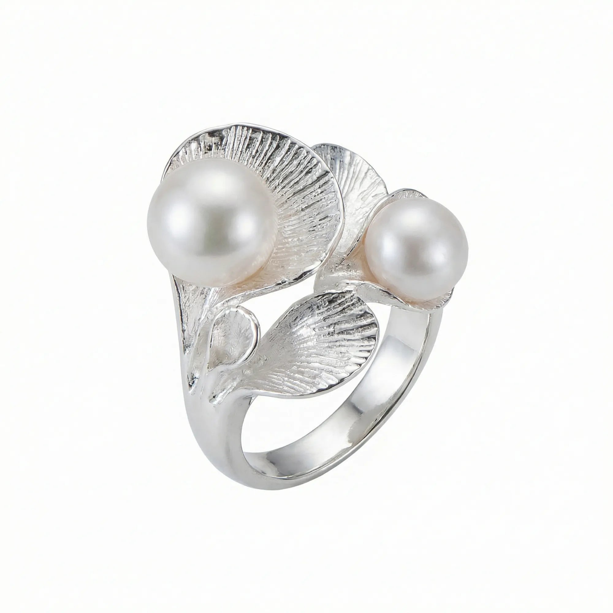 925 sterling silver hosta leaf ring with twin freshwater pearls, white background, Dubai
