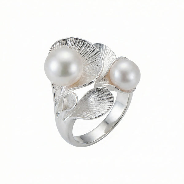925 sterling silver hosta leaf ring with twin freshwater pearls, white background, Dubai