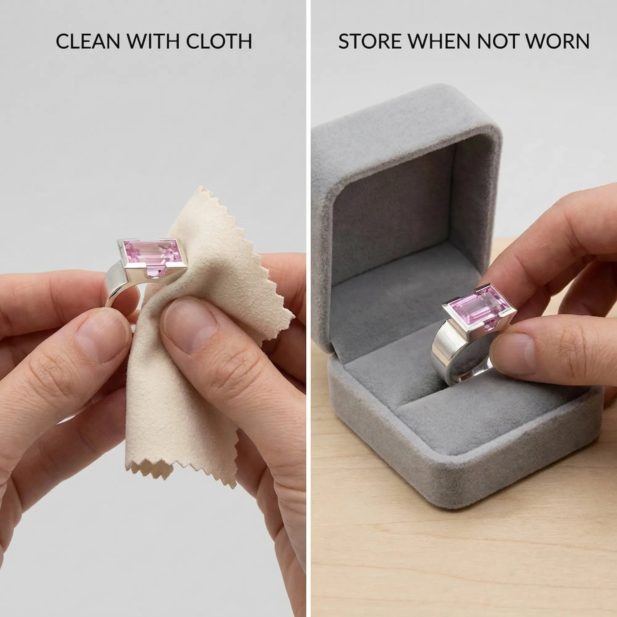 Two images showing how to clean and store a pink gemstone ring. On the left, a ring is cleaned with a cloth, and on the right, it is placed in a gray jewelry box.