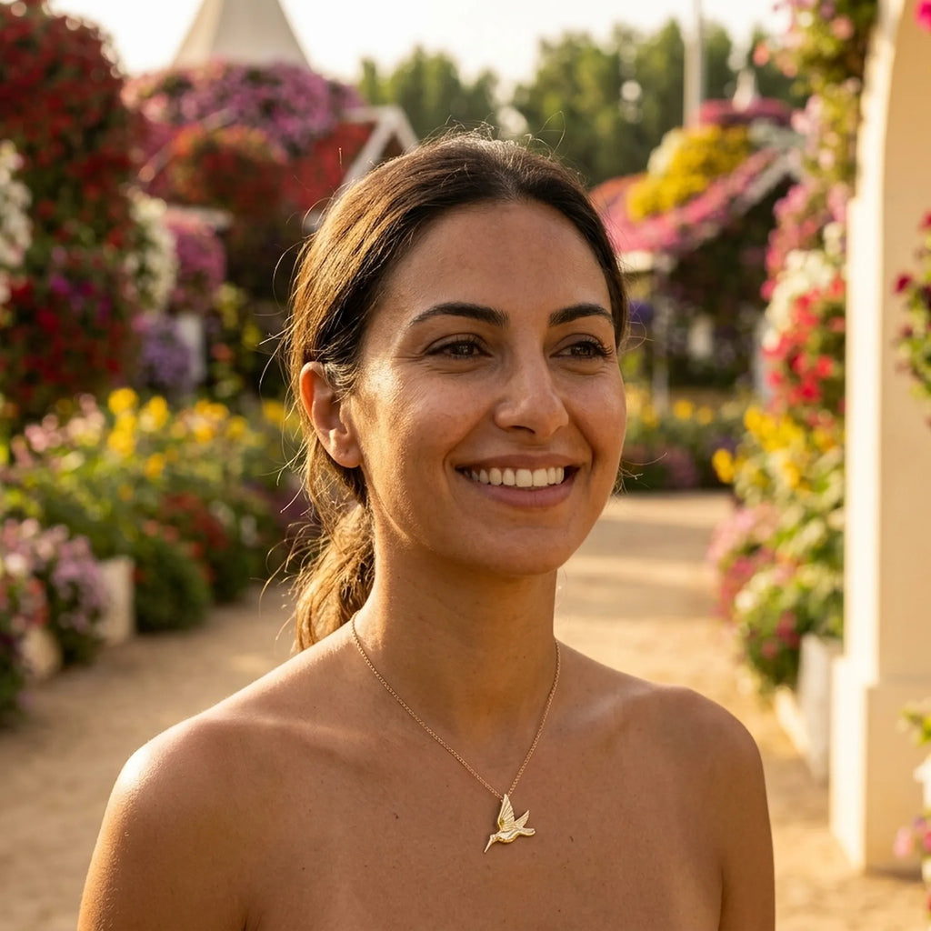 Woman wearing a gold hummingbird pendant necklace at Dubai Miracle Garden, blurred flowers behind her.