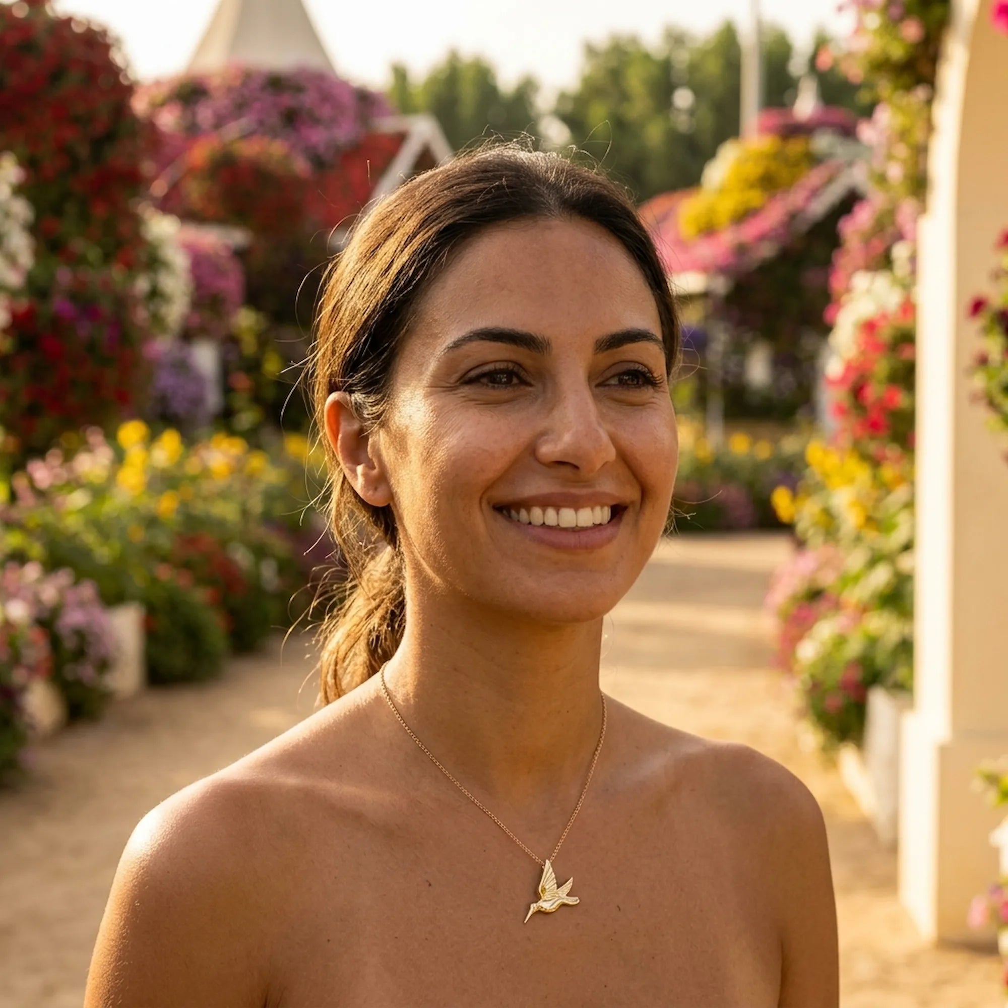 Woman wearing a gold hummingbird pendant necklace at Dubai Miracle Garden, blurred flowers behind her.