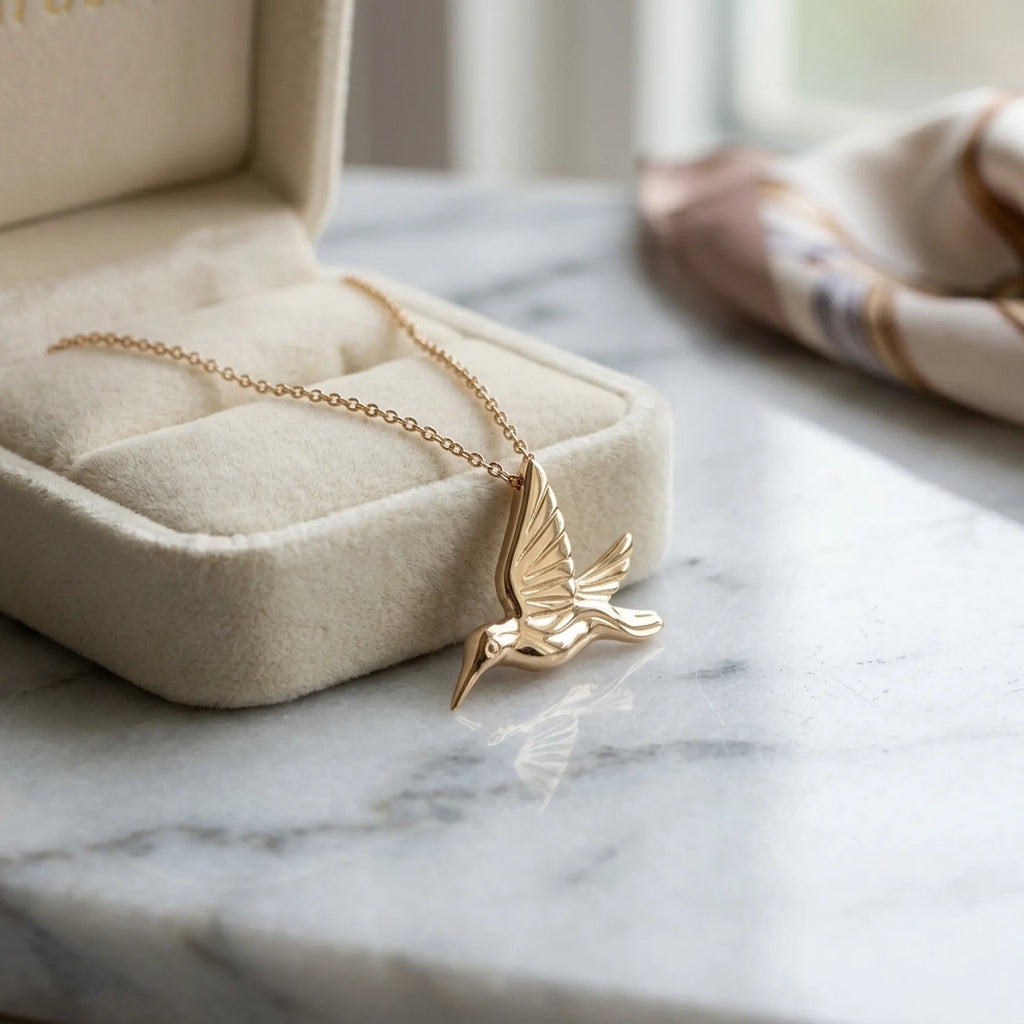 Gold-toned hummingbird pendant necklace resting on marble beside a cream jewelry box and blurred scarf Luna Dura studio.