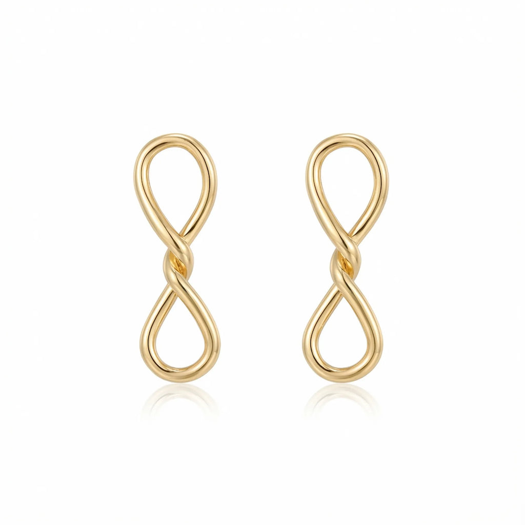 Infinity drop earrings in 18K gold plate on white background, 925 sterling silver, 8x22mm