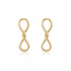 Infinity drop earrings in 18K gold plate on white background, 925 sterling silver, 8x22mm