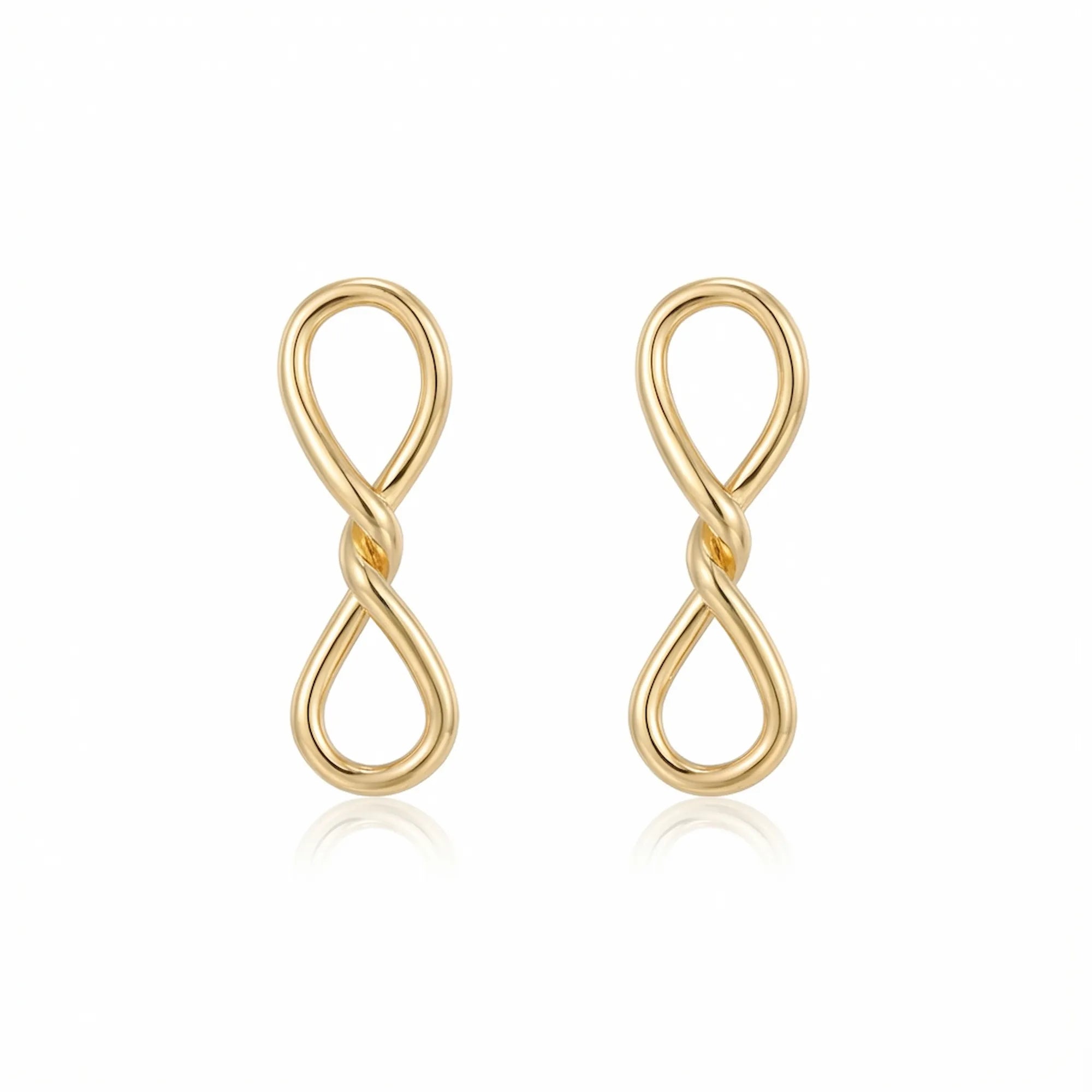 Infinity drop earrings in 18K gold plate on white background, 925 sterling silver, 8x22mm