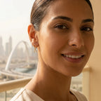 Close portrait of model wearing gold infinity drop earrings, Dubai skyline and arch bridge background