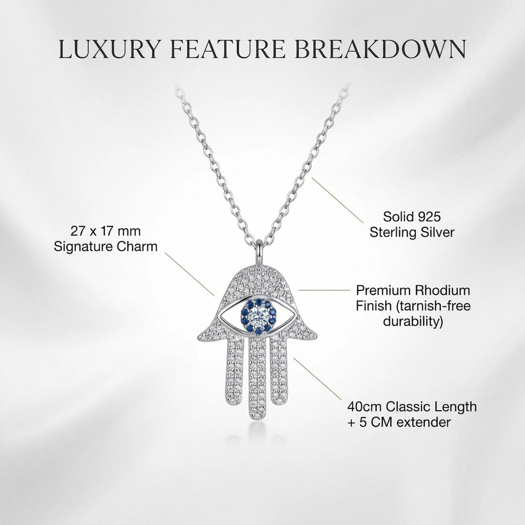 Visual infographic Silver necklace with Hamsa hand design and blue gemstone, featuring text on luxury features.