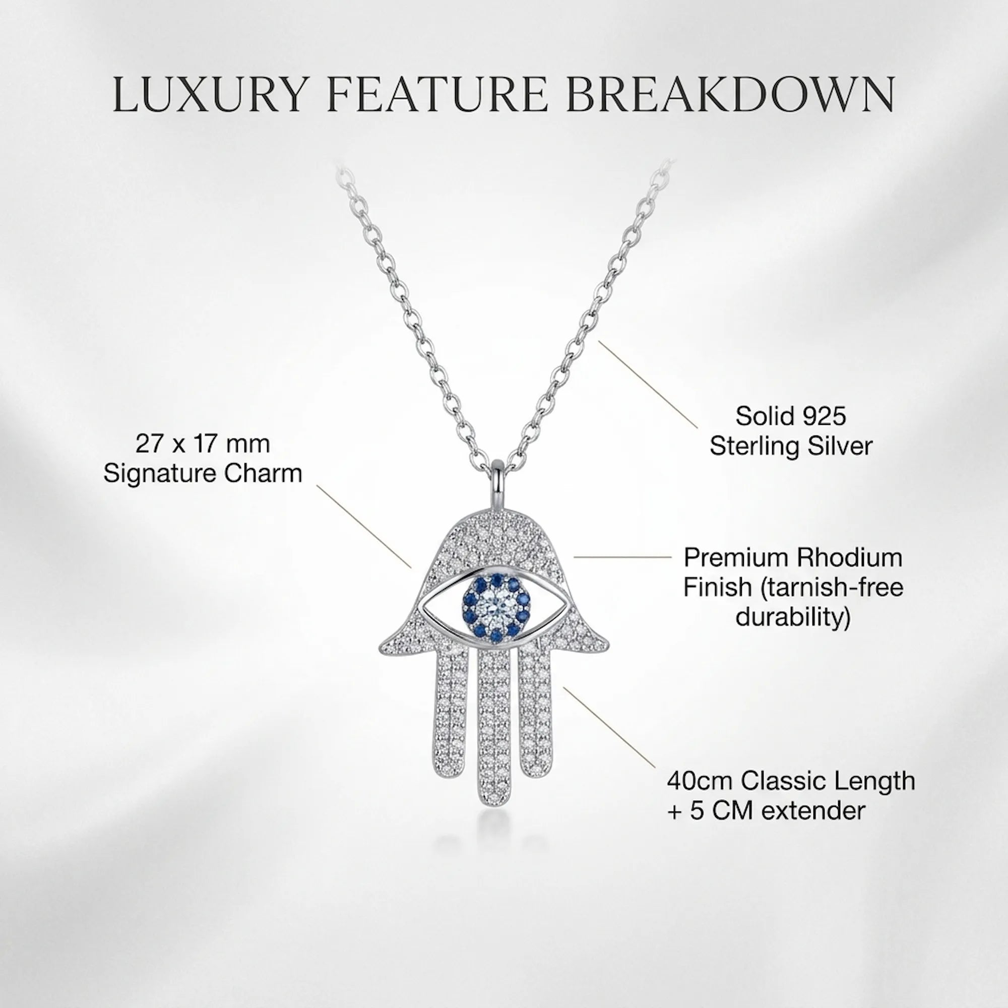 Visual infographic Silver necklace with Hamsa hand design and blue gemstone, featuring text on luxury features.