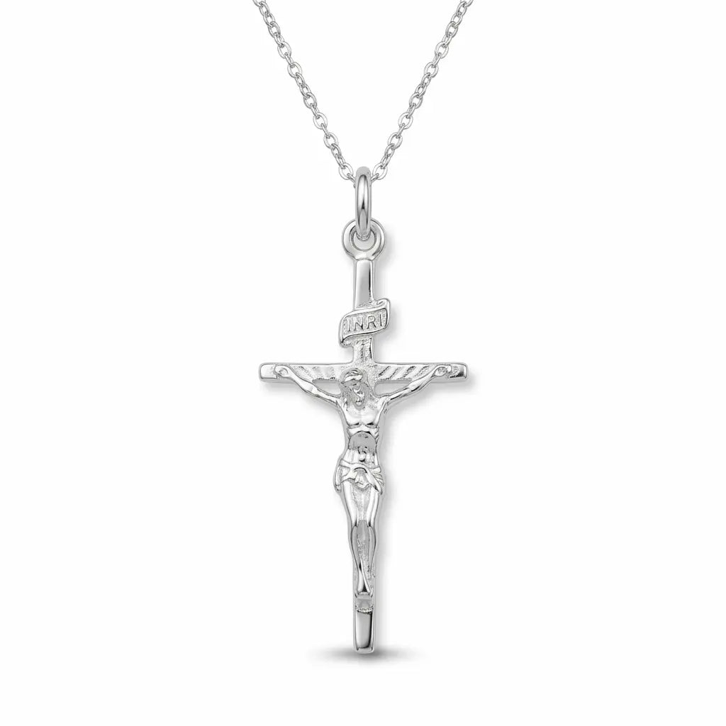 925 sterling silver INRI crucifix necklace with included 18 inch chain.